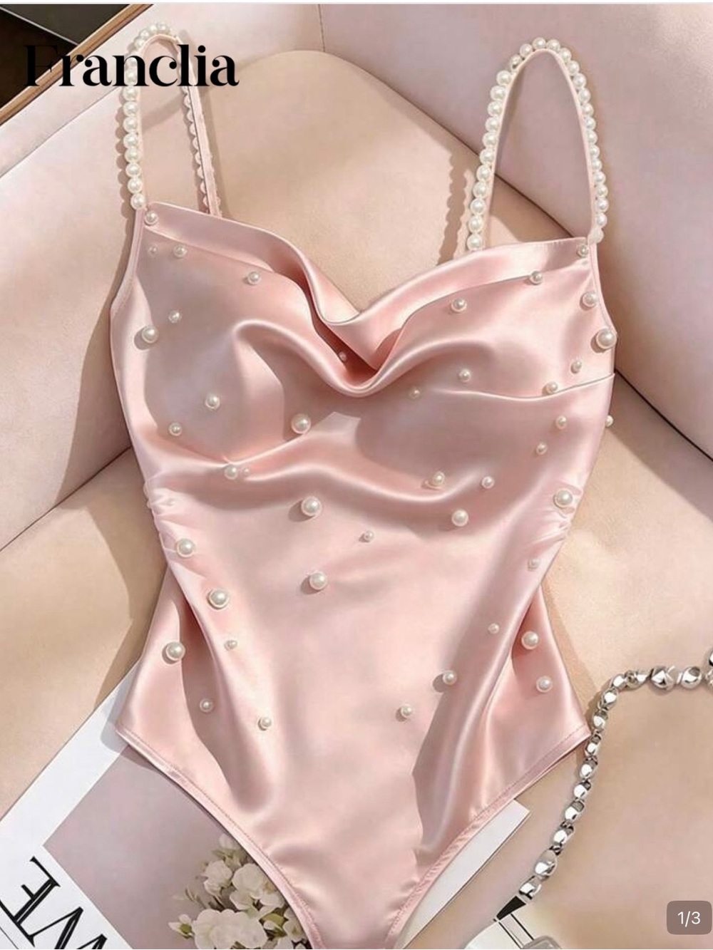 SHEIN Pink Pearl-Embellished Satin Bodysuit